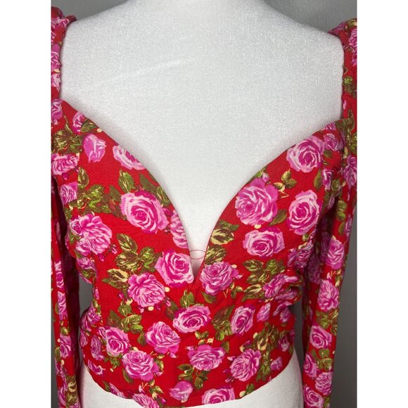 Zara‎ Floral Long Sleeve Backless Crop Top Red Pink Size Medium - Picture 11 of 14